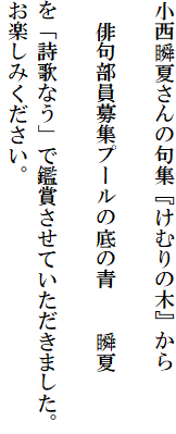 �����u�Ă���̋�W�w���ނ�̖؁x����

�@�o�啔����W�v�[���̒�̐@�@�u��

���u���̂Ȃ��v�Ŋӏ܂����Ă��������܂����B
���y���݂��������B