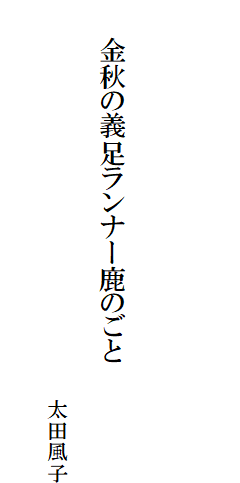 

　
　
　
　　金秋の義足ランナー鹿のごと

　　　　　　　　　　　　　　　　　　　太田風子
　　　　　　　　　　　　　　　　　　　　　　　　　　　